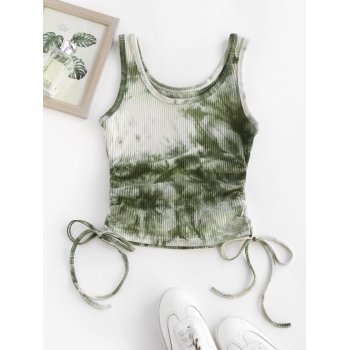 Women Tank Tops Tie Dye Rib-knit Side Cinched Ruched Tank Top S Green