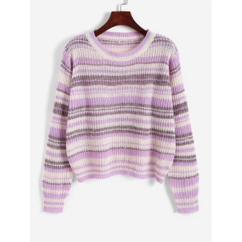 Women Contrast Striped Pullover Sweater S Light purple