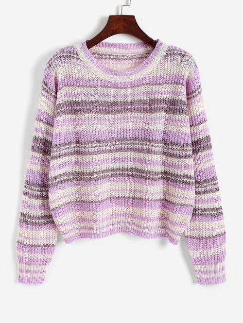 Women Contrast Striped Pullover Sweater S Light purple