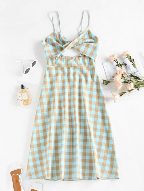 Mini Dress ZAFUL Front Twist Gingham Cinched Midi Dress S Light blue