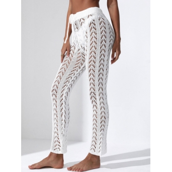 Women Beach Crochet Openwork Boho Drawstring Beach Pants White