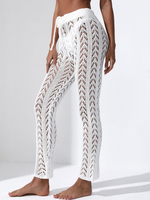 Women Beach Crochet Openwork Boho Drawstring Beach Pants White