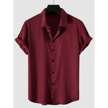 ZAFUL Men's Solid Color Short Sleeves Button Up Party Satin Shirt S Deep red