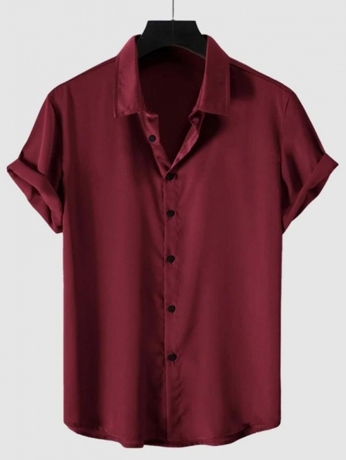 ZAFUL Men's Solid Color Short Sleeves Button Up Party Satin Shirt S Deep red