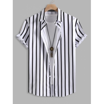 ZAFUL Men's Men's Button Up Vertical Striped Short Sleeve Casual Summer Beach Shirt L Black