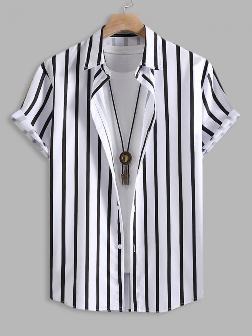 ZAFUL Men's Men's Button Up Vertical Striped Short Sleeve Casual Summer Beach Shirt L Black