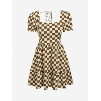 Mini Dress ZAFUL Checkerboard Puff Sleeve Flounced Dress S Coffee