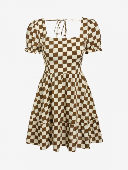 Mini Dress ZAFUL Checkerboard Puff Sleeve Flounced Dress S Coffee