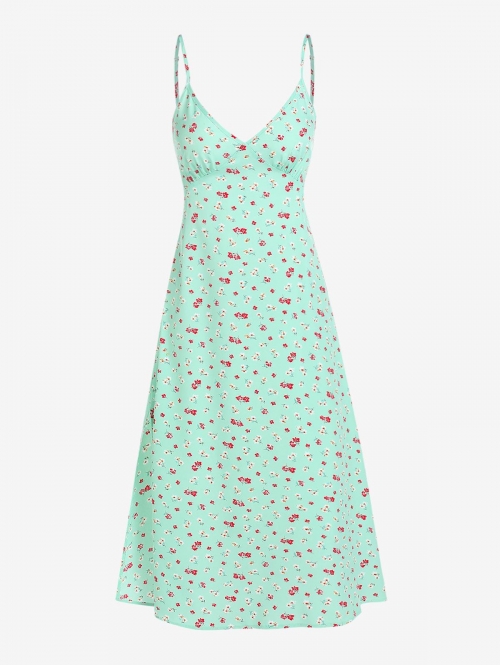 Mini Dress ZAFUL Tie Open Back Tiny Floral Cami Midi Dress M Light green