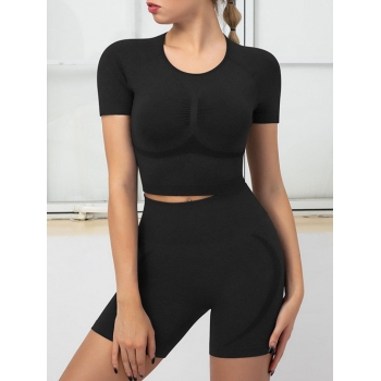 Women Sporty Set Seamless Ruched Short Sleeve Top and Sport Skinny Shorts Set M Black