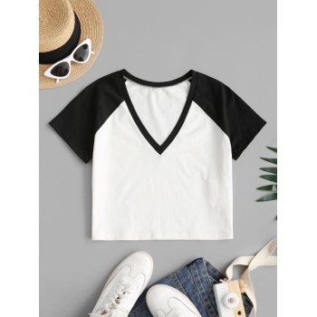 Fashion Women Tees ZAFUL Raglan Sleeve Two Tone Cropped T-shirt M White