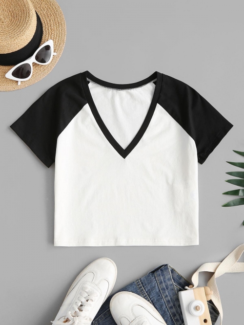 Fashion Women Tees ZAFUL Raglan Sleeve Two Tone Cropped T-shirt M White