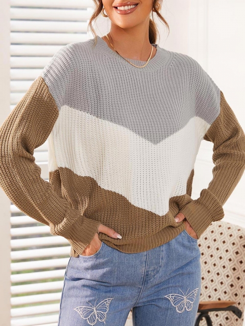 Women Drop Shoulder Color Blocking Sweater L