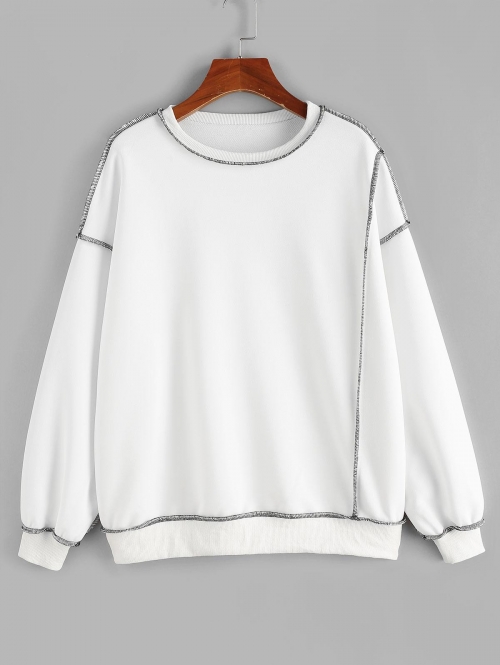 Women Hoodies ZAFUL Contrast Overlocking Round Neck Sweatshirt M White