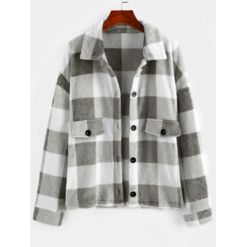 ZAFUL Flap Detail Plaid Fleece Coat M