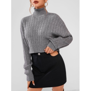 Women Turtleneck Cable Knit Cropped Sweater S Dark gray