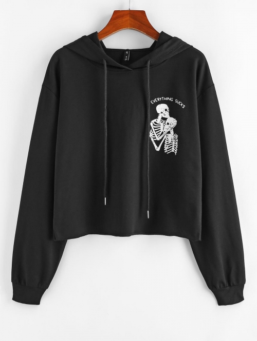 Women Hoodies ZAFUL Skeleton EVERYTHING SUCKS Halloween Hoodie M Black