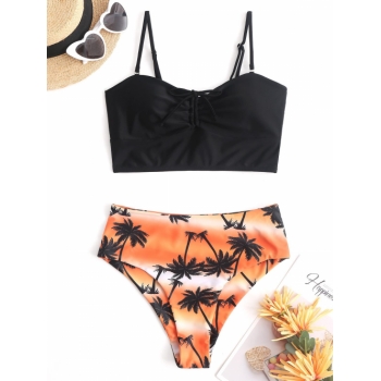 Fashion Women Tankinis ZAFUL High Waisted Cinched Palm Tree Tankini Swimwear S Black