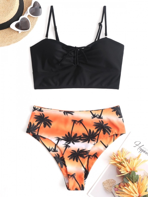 Fashion Women Tankinis ZAFUL High Waisted Cinched Palm Tree Tankini Swimwear S Black