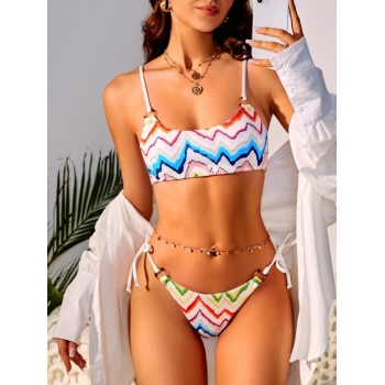 ZAFUL Ribbed Zig Zag O-ring Tie Side Bikini Swimwear S