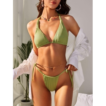 ZAFUL Tie Side Halter Metallic Glitter Ribbed Bikini Swimwear S Light green