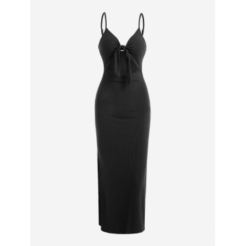 Bodycon Dress Ribbed Knot Cutout Split Side Slinky Maxi Vegas Dress S Black