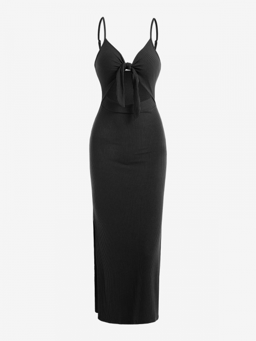 Bodycon Dress Ribbed Knot Cutout Split Side Slinky Maxi Vegas Dress S Black