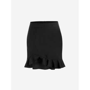 ZAFUL Solid Back Zipper Ruffled Hem Mini Skirt L Black