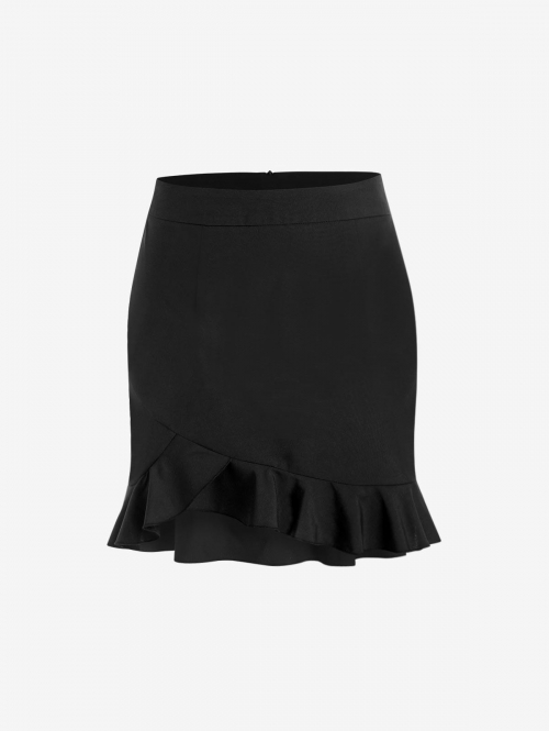 ZAFUL Solid Back Zipper Ruffled Hem Mini Skirt L Black