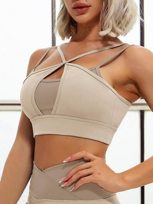 ZAFUL Women's Sportswear Contrast Color Quick Drying Chest Pad Yoga Sports Bra L Light coffee