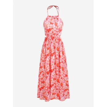 Mini Dress Backless Flower Print Halter Dress L