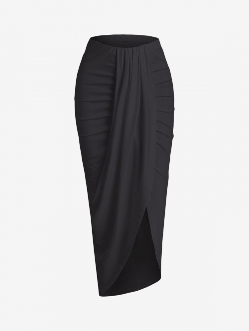 Draped Ruched Slinky Maxi Skirt L Black