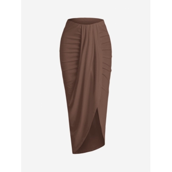 Draped Ruched Slinky Maxi Skirt L Coffee