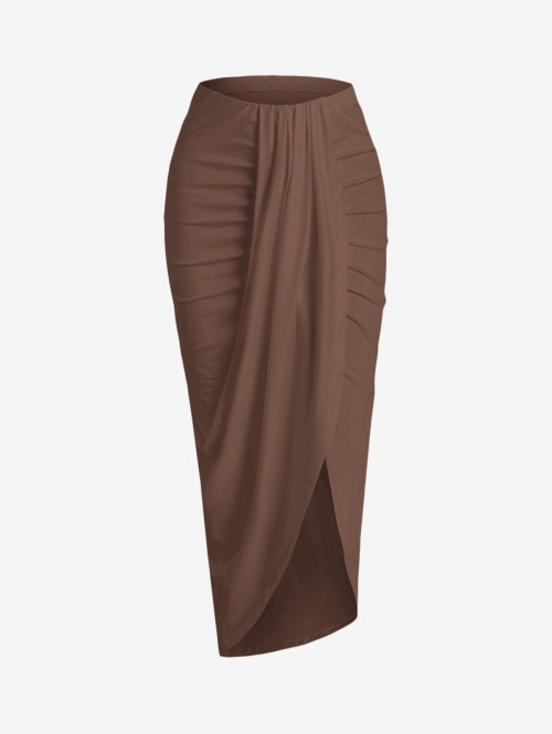 Draped Ruched Slinky Maxi Skirt L Coffee