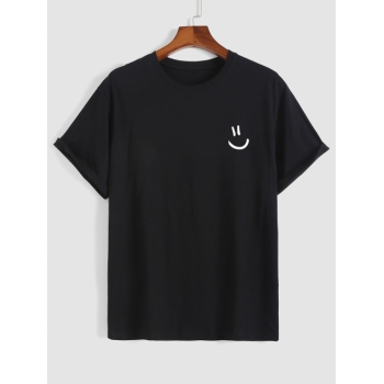 Men's Cartoon Smile Face Printed Basic Short Sleeve Crew Neck 100% Cotton Summer T-shirt L Black