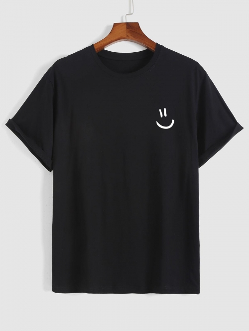 Men's Cartoon Smile Face Printed Basic Short Sleeve Crew Neck 100% Cotton Summer T-shirt L Black