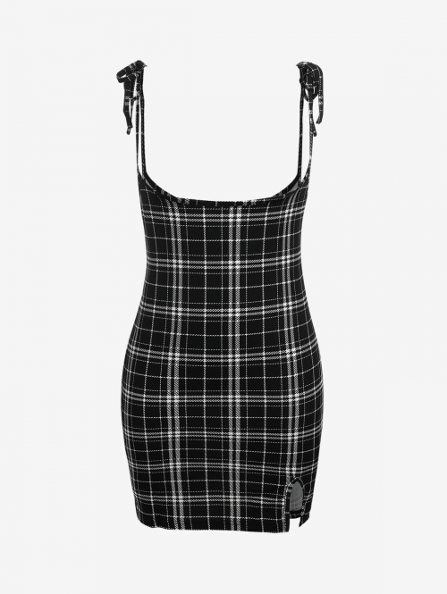 Women Dress ZAFUL Plus Size Grid Split Hem Tie Suspender Dress 2xl Black