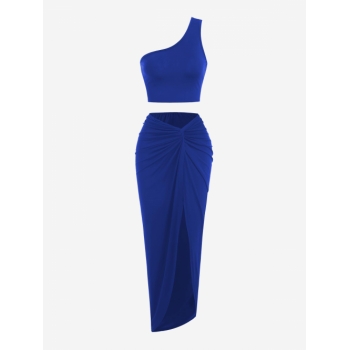 One Shoulder Twisted Side Sexy Asymmetrical Daily Night Out Slim Sleeveless High Stretch Waist Skirt Set S Blue