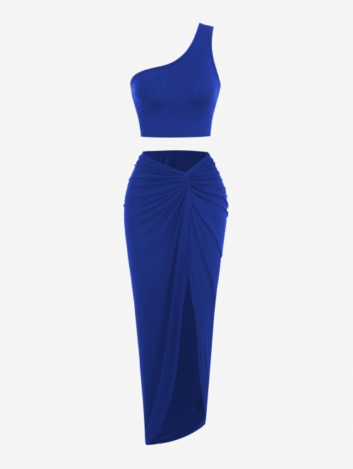 One Shoulder Twisted Side Sexy Asymmetrical Daily Night Out Slim Sleeveless High Stretch Waist Skirt Set S Blue