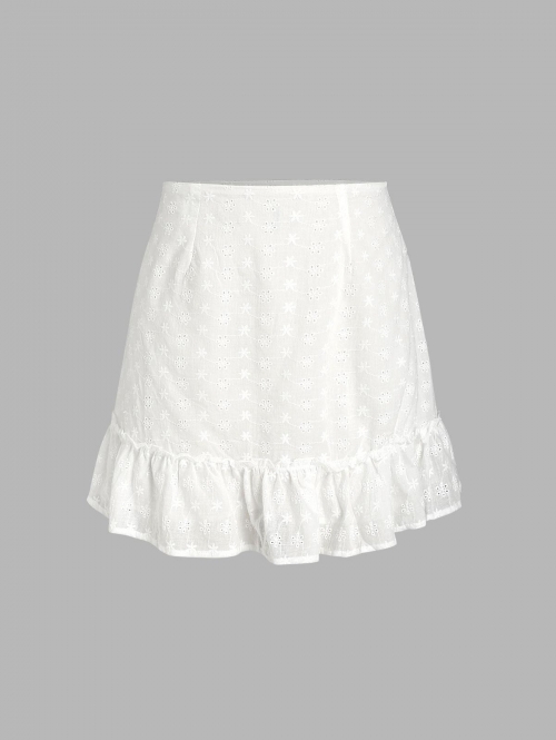 Women Bottoms ZAFUL Plus Size Broderie Anglaise Embroidered Flounce Skirt Xl White