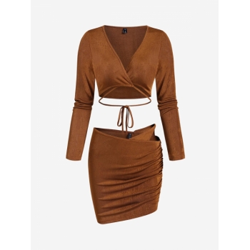 Midriff Flossing Cutout Ruched Two Piece Skirt Set S Deep coffee