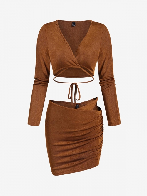 Midriff Flossing Cutout Ruched Two Piece Skirt Set S Deep coffee