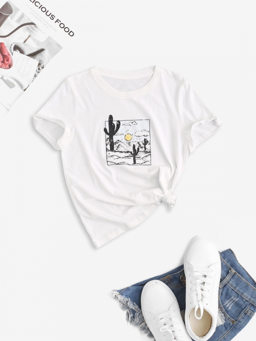 Fashion Women Tees Crew Neck Desert Cactus Graphic Tee Xl White