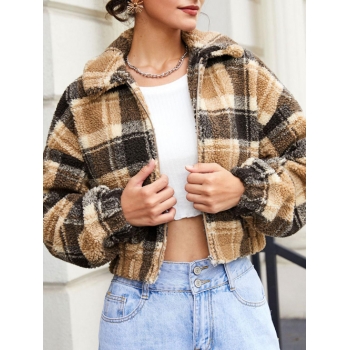 ZAFUL Plaid Drop Shoulder Teddy Jacket M Coffee