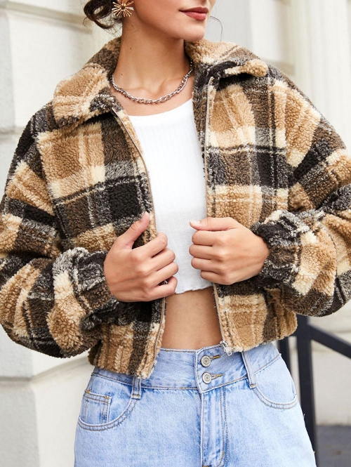 ZAFUL Plaid Drop Shoulder Teddy Jacket M Coffee