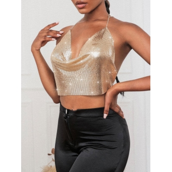 Women Tank Tops 90s Sparkle Party Halter Top Night-out Rhinestones Chainmail Cowl Front Cami V-neck Thin Straps Sexy Top L Golden