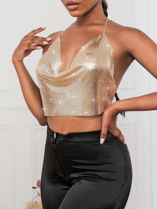 Women Tank Tops 90s Sparkle Party Halter Top Night-out Rhinestones Chainmail Cowl Front Cami V-neck Thin Straps Sexy Top M Golden