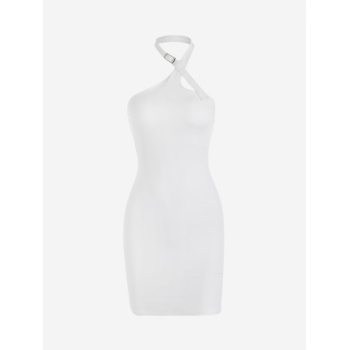 Mini Dress Open Back Buckle Halter Slinky Mini Dress L White