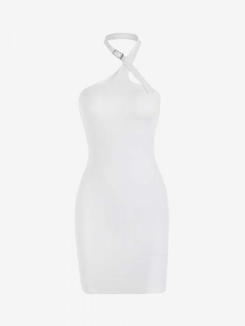 Mini Dress Open Back Buckle Halter Slinky Mini Dress L White