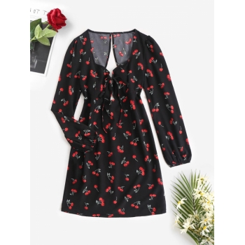 Print Tie Front Cherry Open Back Sweetheart Mini Dress M Black